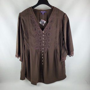 Roaman's Womens Top Tunic Lace Button Front V-Neck Brown Size 24W NWOT